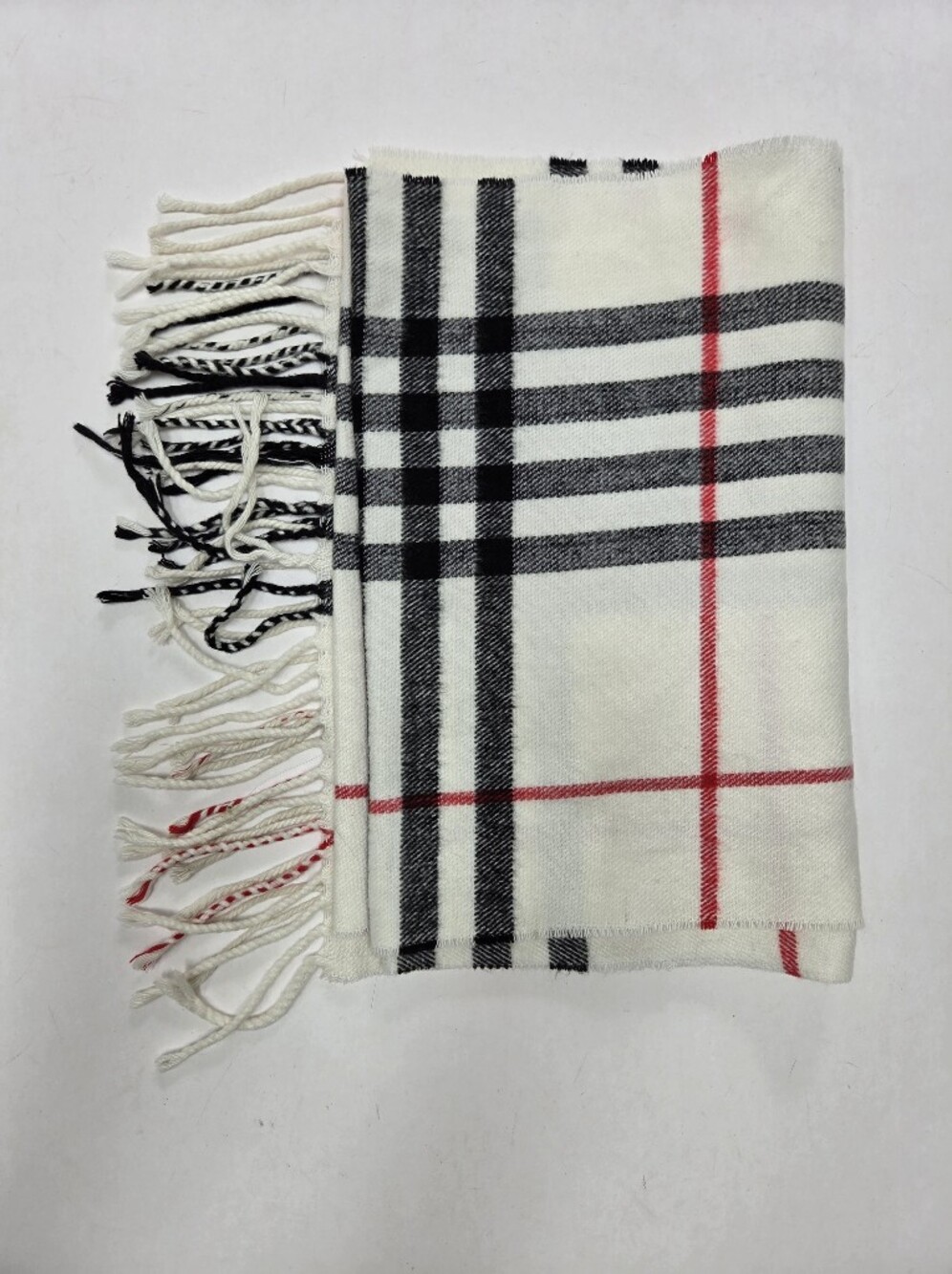 Cashmere feel off white black plaid scarf with tassles Like New!